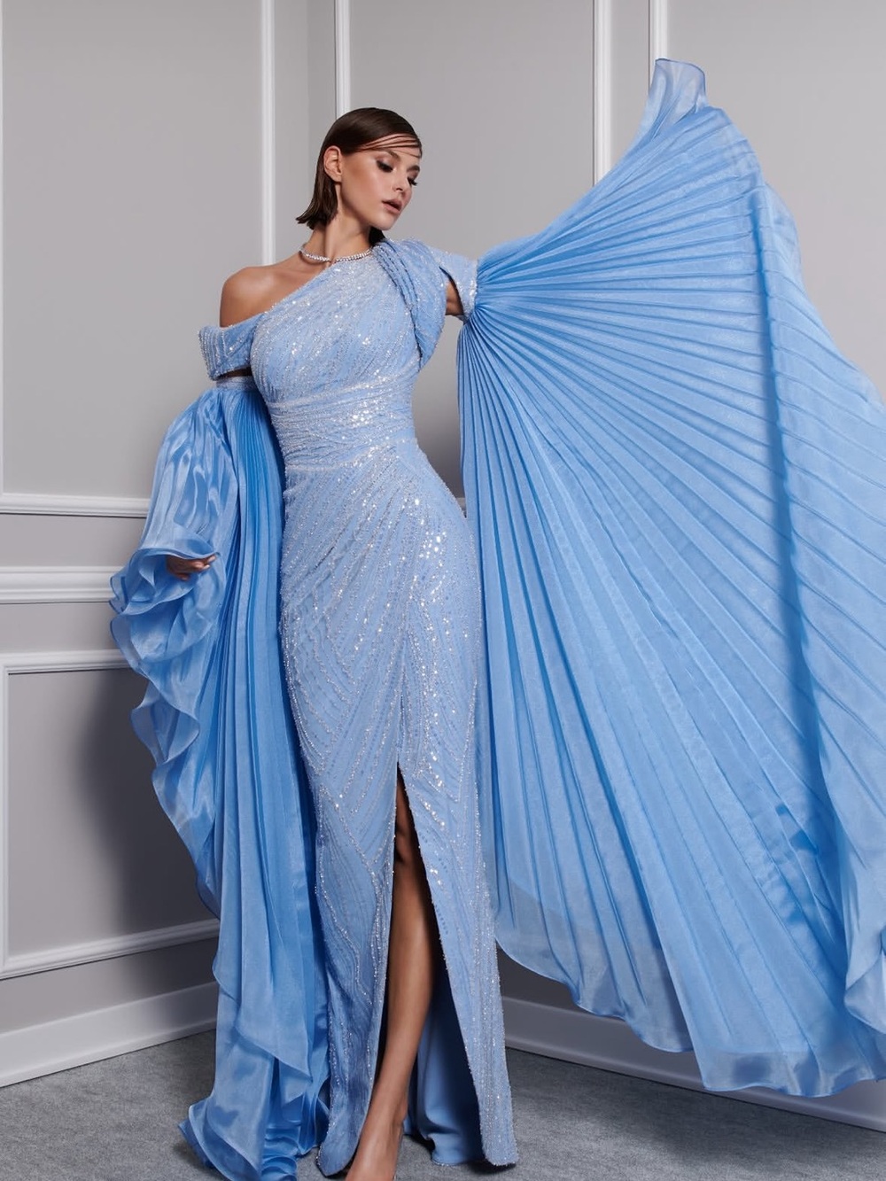 Sky Blue One-Shoulder Evening Gown with Draped Pleated removable sleeves